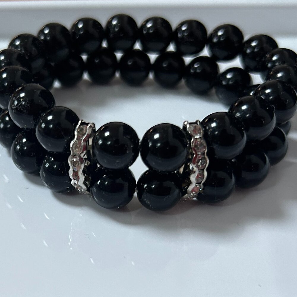 WOMENS BLACK DOUBLE BEADED BRACELET SLIP ON FASHION JEWELRY
